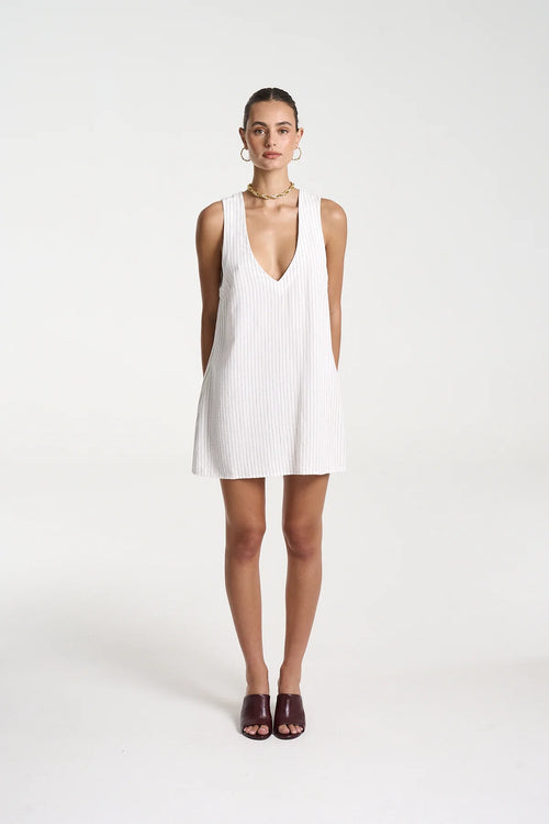 V - NECK SHIFT DRESS - PINSTRIPE