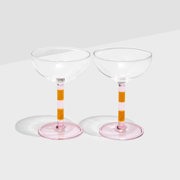 TWO x STRIPED COUPE GLASSES - PINK + AMBER