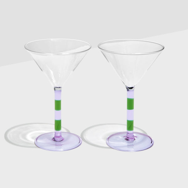 TWO x STRIPED MARTINI GLASSES - LILAC + GREEN