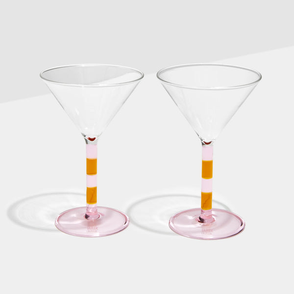 TWO x STRIPED MARTINI GLASSES - PINK + AMBER