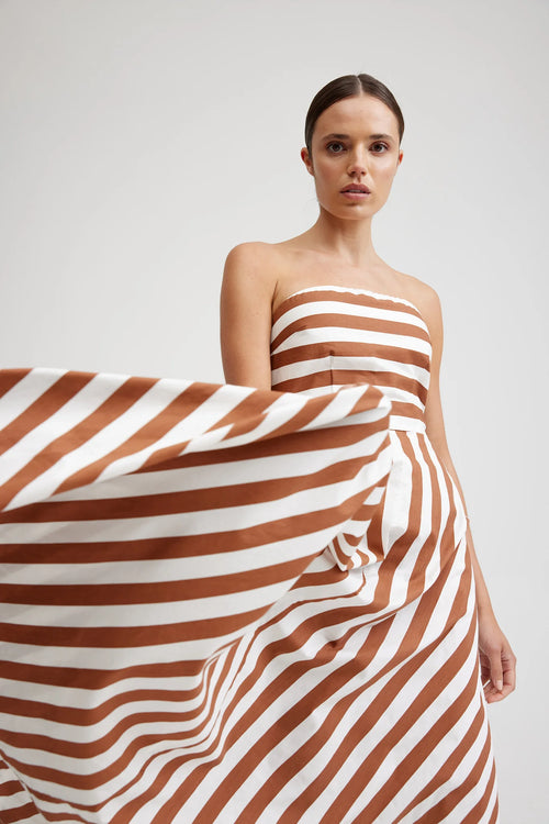 THE HAZEL DRESS IN CIGAR/OPTIC STRIPE