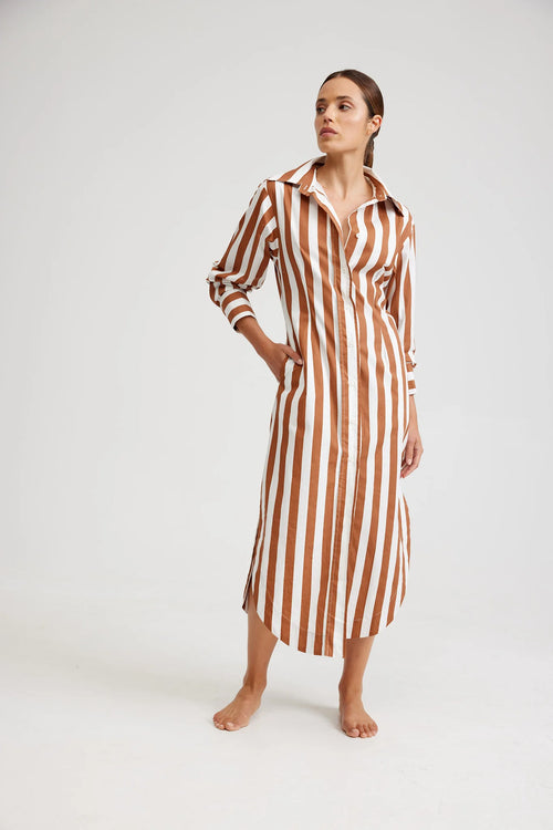 THE FINN DRESS IN CIGAR/OPTIC STRIPE