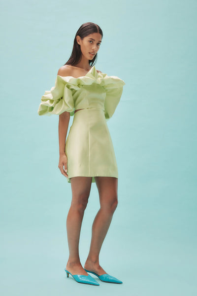 SUZI OFF SHOULDER MINI DRESS- CHARTREUSE