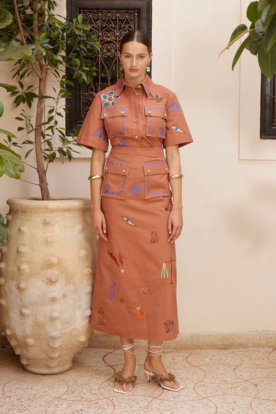 PREORDER- DUSTY EMBROIDERED MIDI SKIRT