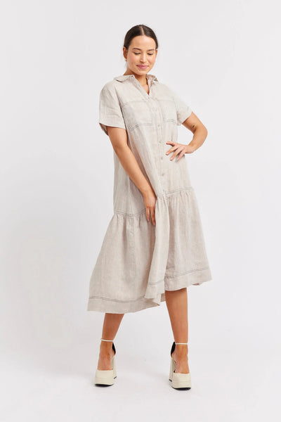 DORA LINEN DRESS IN STRING/NAVY