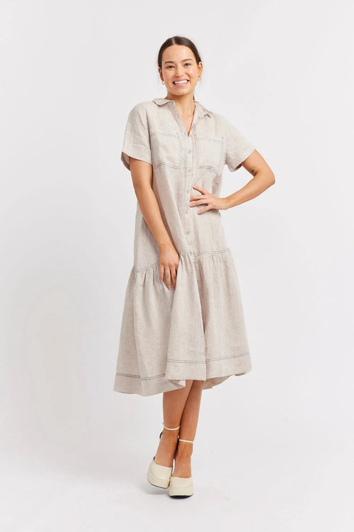 DORA LINEN DRESS IN STRING/NAVY