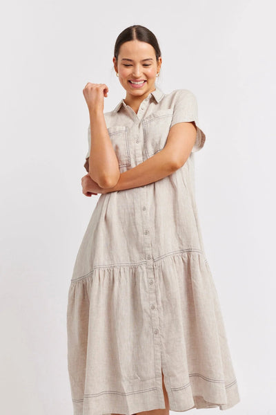 DORA LINEN DRESS IN STRING/NAVY