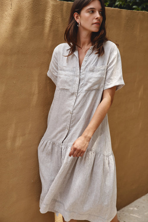 DORA LINEN DRESS IN STRING/NAVY