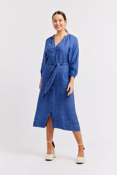 ELSA LINEN DRESS IN DENIM BLUE