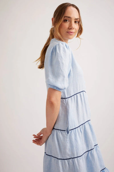 MARCELLA LINEN DRESS IN PALE BLUE HOUNDSTOOTH