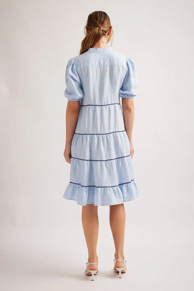 MARCELLA LINEN DRESS IN PALE BLUE HOUNDSTOOTH