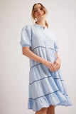 MARCELLA LINEN DRESS IN PALE BLUE HOUNDSTOOTH