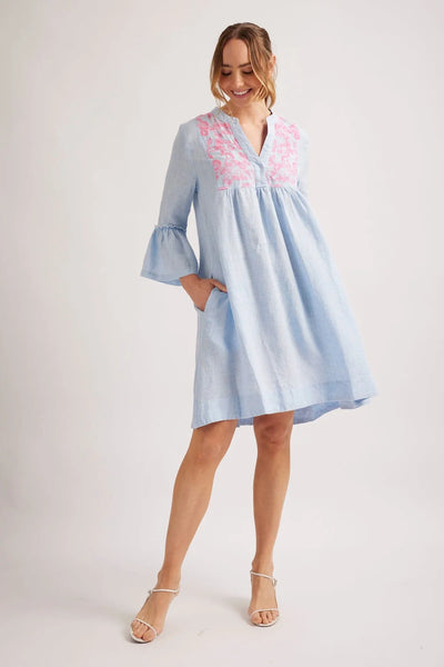 ROVER LINEN DRESS IN PALE BLUE HOUNDSTOOTH