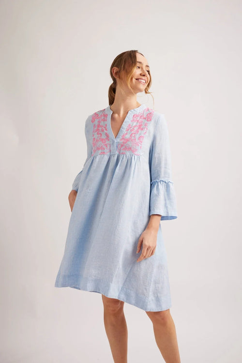 ROVER LINEN DRESS IN PALE BLUE HOUNDSTOOTH