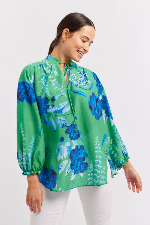 EDIE COTTON SILK TOP IN EMERALD NIGHT GARDEN