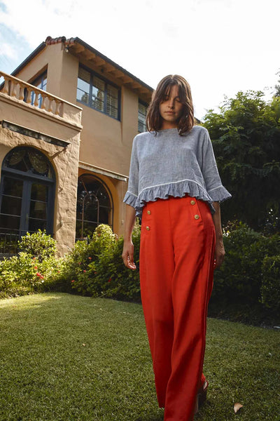 LUISA LINEN TOP IN NAVY HOUNDSTOOTH