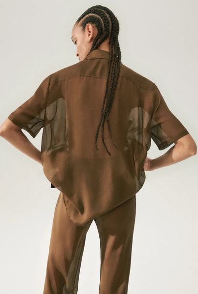 CHIFFON SHORT SLEEVE BOYFRIEND SHIRT DARK EARTH