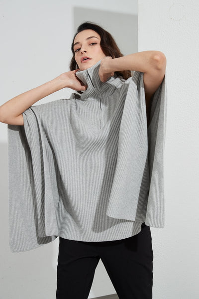 Zip Collar Poncho- Grey