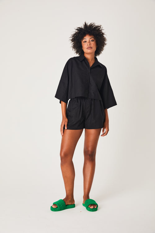 Linen Cropped Shirt- Black