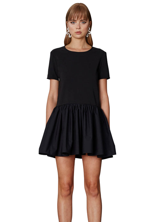 Cotton Gathered Tee Mini Dress- Black