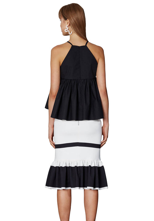 Mono Stripe Frill Midi Skirt- White/Black
