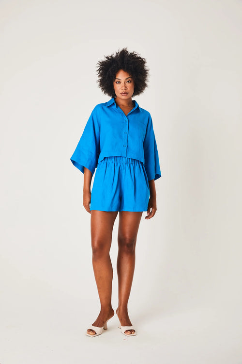 Linen Cropped Shirt- Azure