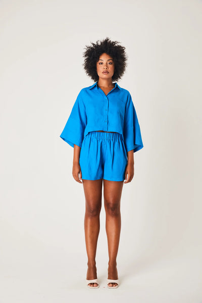 Linen Cropped Shirt- Azure