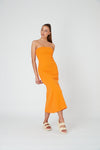 STRAPLESS A LINE MIDI DRESS - TANGERINE