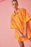 LINEN OVERSIZED SHIRT DRESS - ORANGE DUMB LOVE PRINT