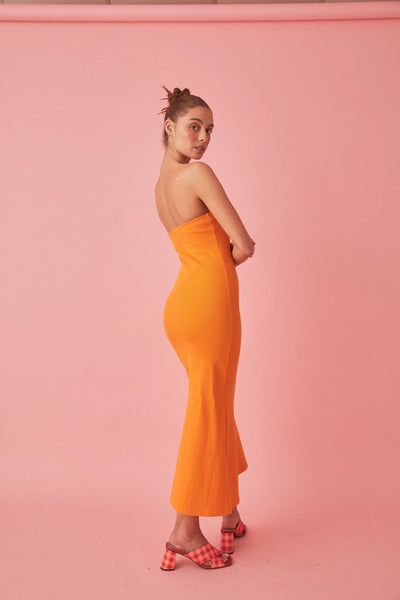 STRAPLESS A LINE MIDI DRESS - TANGERINE