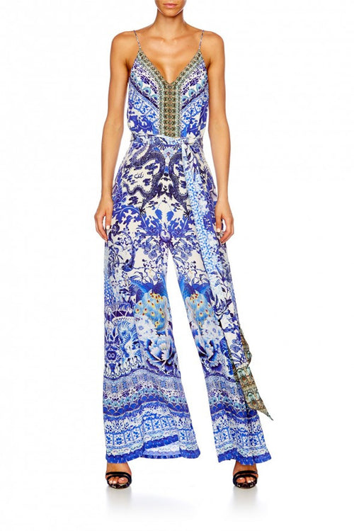 Wide Leg Jumpsuit W/ Tie Waist- Guardian Of Secrets