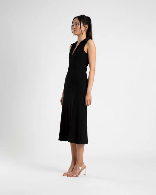 COLLARED V DRESS - BLACK/CREAM STRIPE
