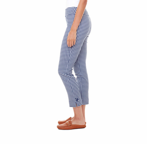 Blue/White Gingham Slim Leg Pant W Button Detail