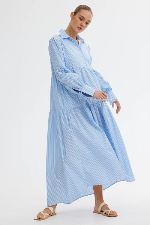 The Fergie Dress In Azure Pinstripe