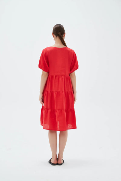 TIRED LINEN DRESS-CANDY RED