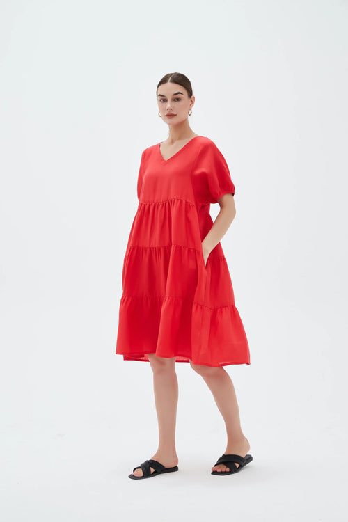 TIRED LINEN DRESS-CANDY RED