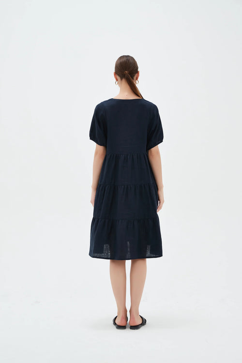 TIRED LINEN DRESS- NAVY