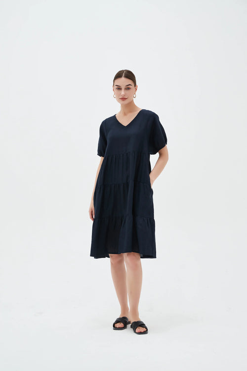 TIRED LINEN DRESS- NAVY