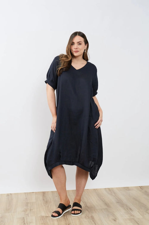 DEEPER V NECK BILLOW DRESS- NAVY