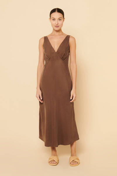 Reese Cupro V Neck Midi Dress- Chocolate