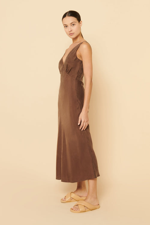 Reese Cupro V Neck Midi Dress- Chocolate