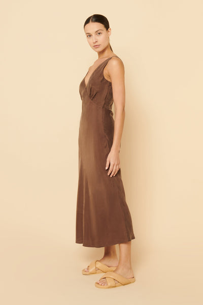 Reese Cupro V Neck Midi Dress- Chocolate