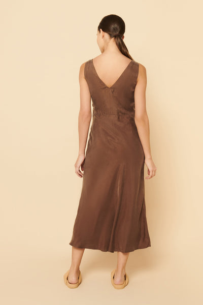 Reese Cupro V Neck Midi Dress- Chocolate