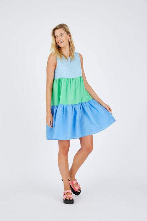 Picnic Splice Dress- Stripe Azure