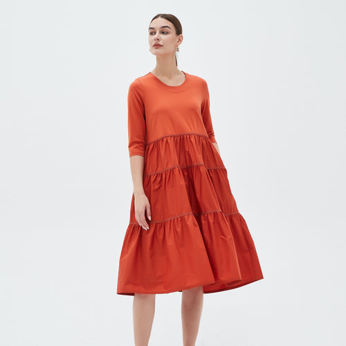 Ribbon tiered combo dress-paprika