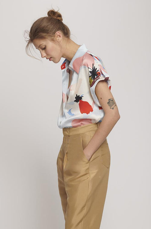 Drop Shoulder Silk Shirt- Flowers