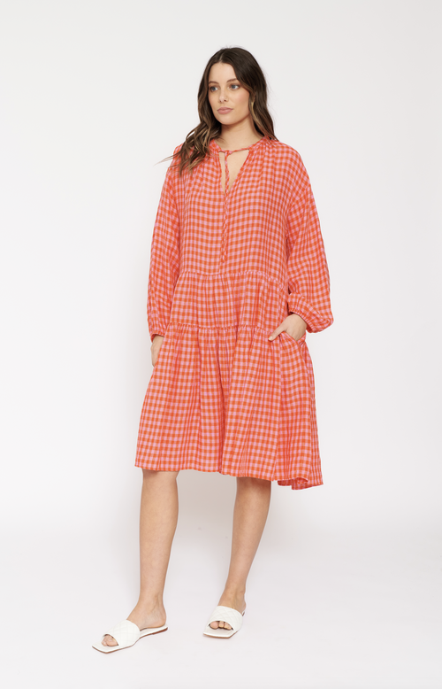 Amelia Linen Dress In Blush Gingham