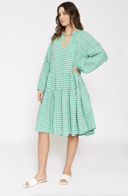 Amelia Linen Dress In Spearmint Gingham