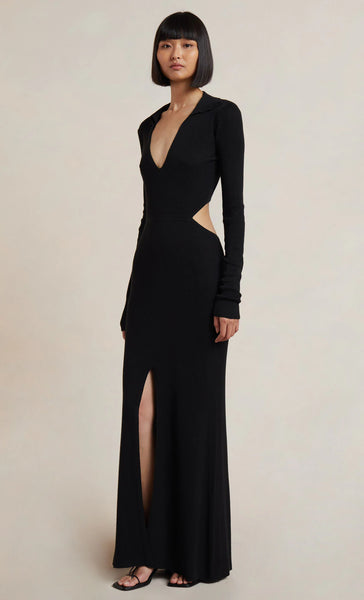 Mila Knit L/S Maxi Dress- Black