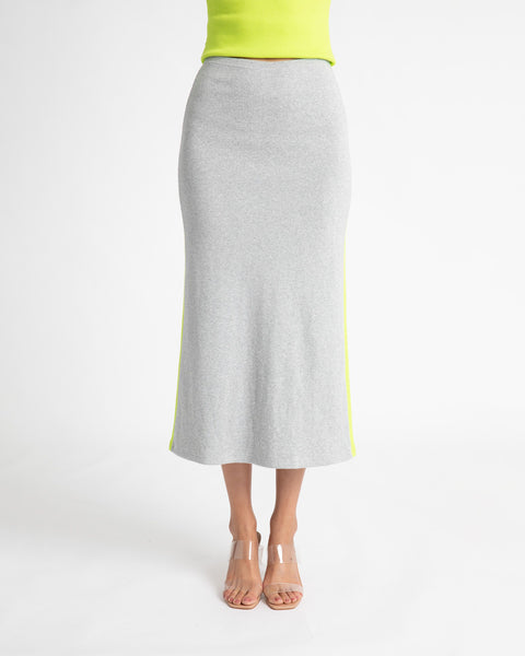 MIDI A LINE SKIRT- GREY/APPLE STRIPE